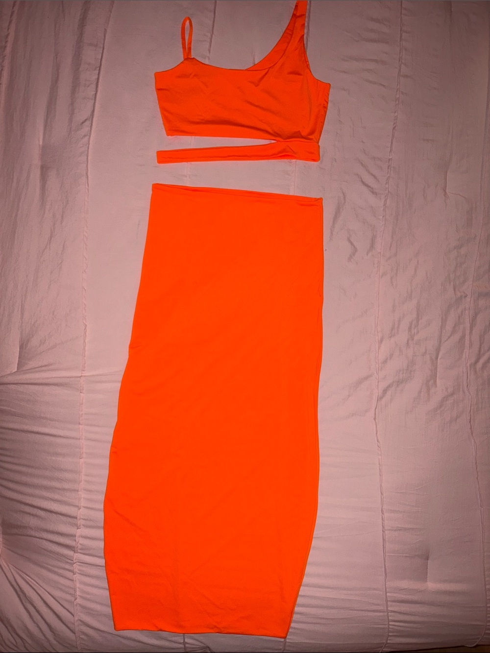 Neon Orange Two-Piece Crop Top & Midi Skirt Set